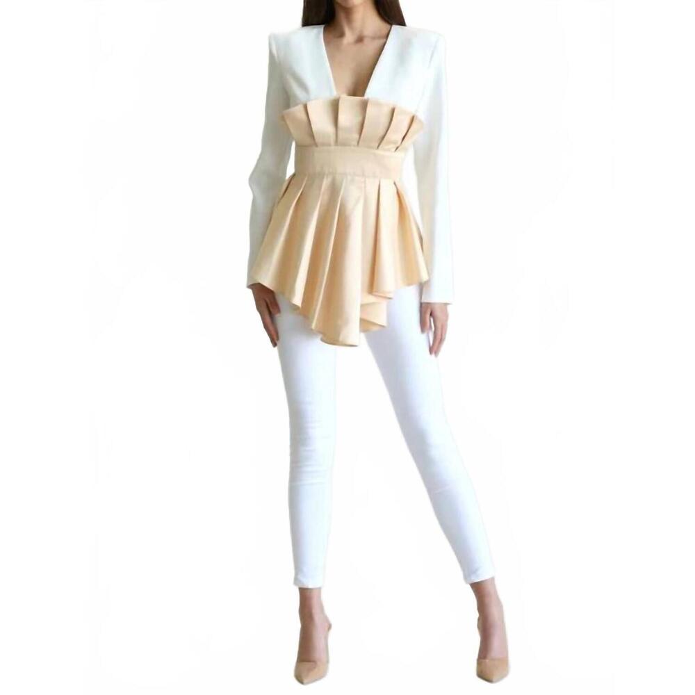 NEW BLITHE camille pleated blouse in white/champagne